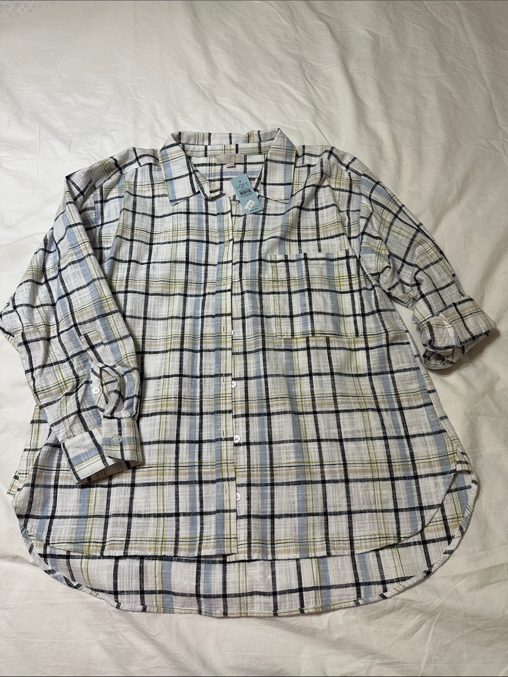 LOFT White Plaid Button-Down with Blue & Yellow Stripes